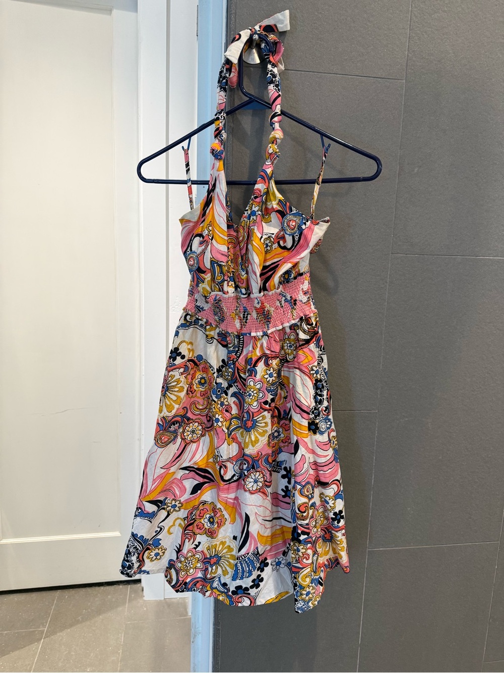 a.m.a.n. Size L Colorful Paisley Floral Halter Smocked Cotton Sundress